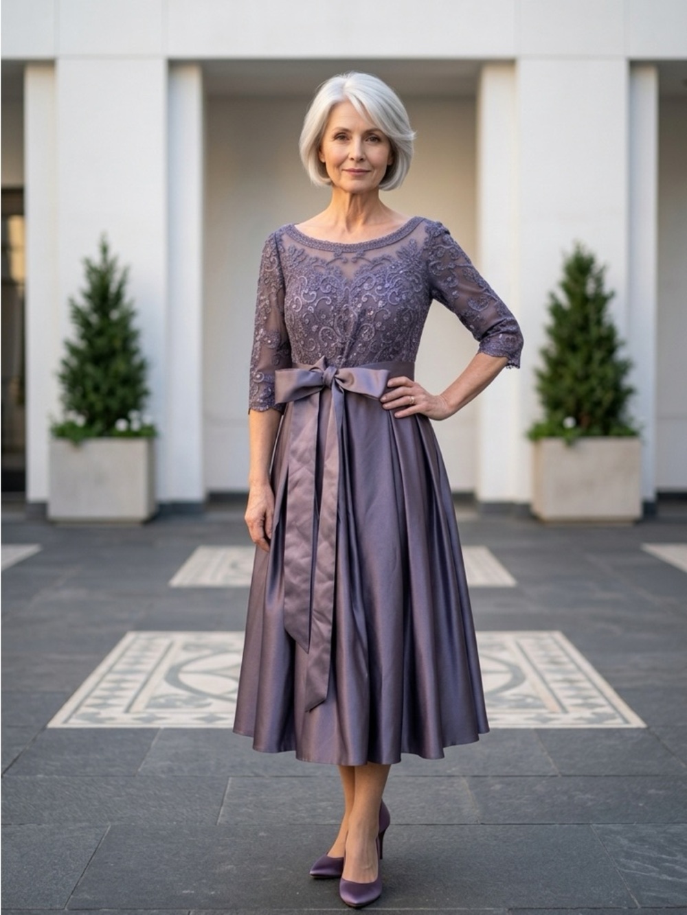 JJs House Silver Metallic Lavender Lace & Satin Midi Dress
